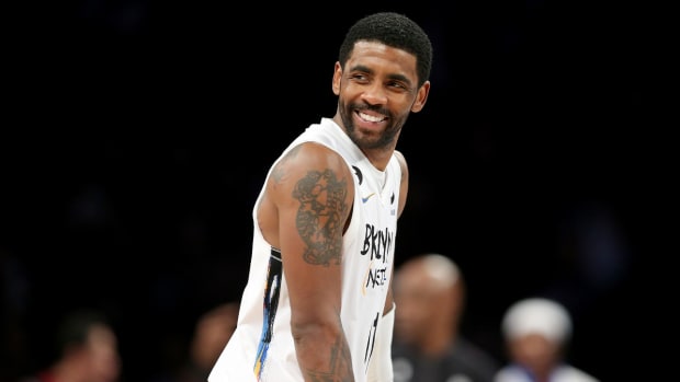 Jan 26, 2023; Brooklyn, New York, USA; Brooklyn Nets guard Kyrie Irving (11) reacts during the fourth quarter against the Detroit Pistons at Barclays Center.